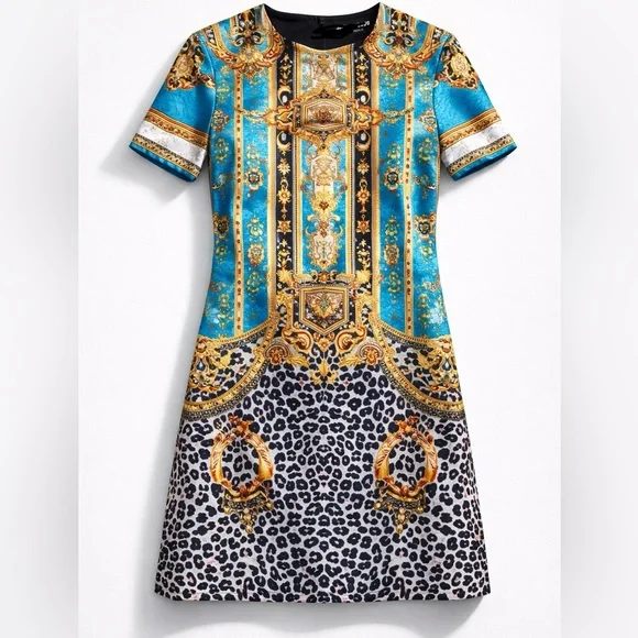 BURRYCO Baroque Leopard Mixed Print Shift Dress Embellished SZ 8 FITS BEST SZ 6 - Picture 2 of 10